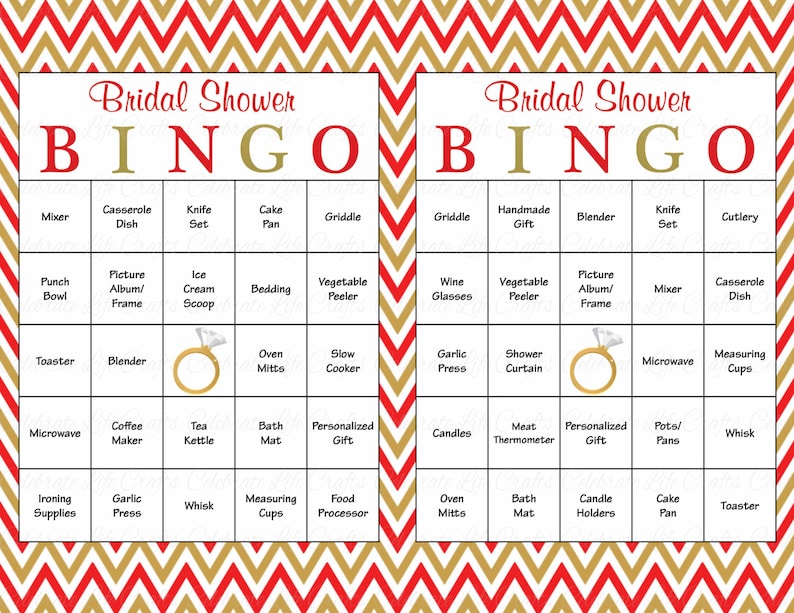 60 Bridal Bingo Cards Blank & 60 Prefilled Cards Printable Bridal Shower Game Download Bridal Shower Games Red Gold Bridal BR007 image 1