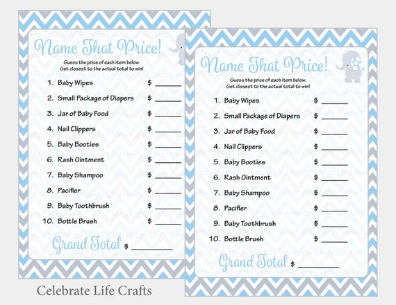 Name That Price Baby Shower Game Printable Baby Shower Games Blue Elephant Baby Boy Shower Blue Gray Chevron Instant Download B3004 By Celebrate Life Crafts Catch My Party