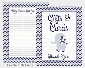 Elephant Baby Shower Gift List and Gift Table Sign - Printable Gift List Set & Table Sign -  Navy Elephant Baby Shower - PDF Download B3003