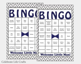 30 Little Man Baby Shower Bingo Cards -  30 Different Prefilled Bingo Cards - Boy Baby Shower Game - Navy Gray - Download - B1006