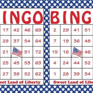 100 Printable Patriotic Bingo Cards Independence Day Party Game, Military, 4th of July, Memorial Day, Veterans Day USA1001 image 1