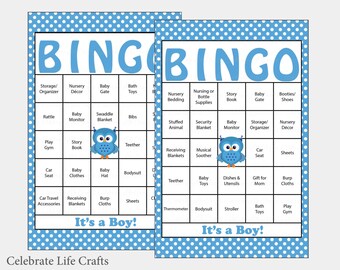 30 Owl Baby Shower Bingo Cards -  30 Different Prefilled Bingo Cards - Boy Baby Shower Game - Blue Polka - Printable - B2011