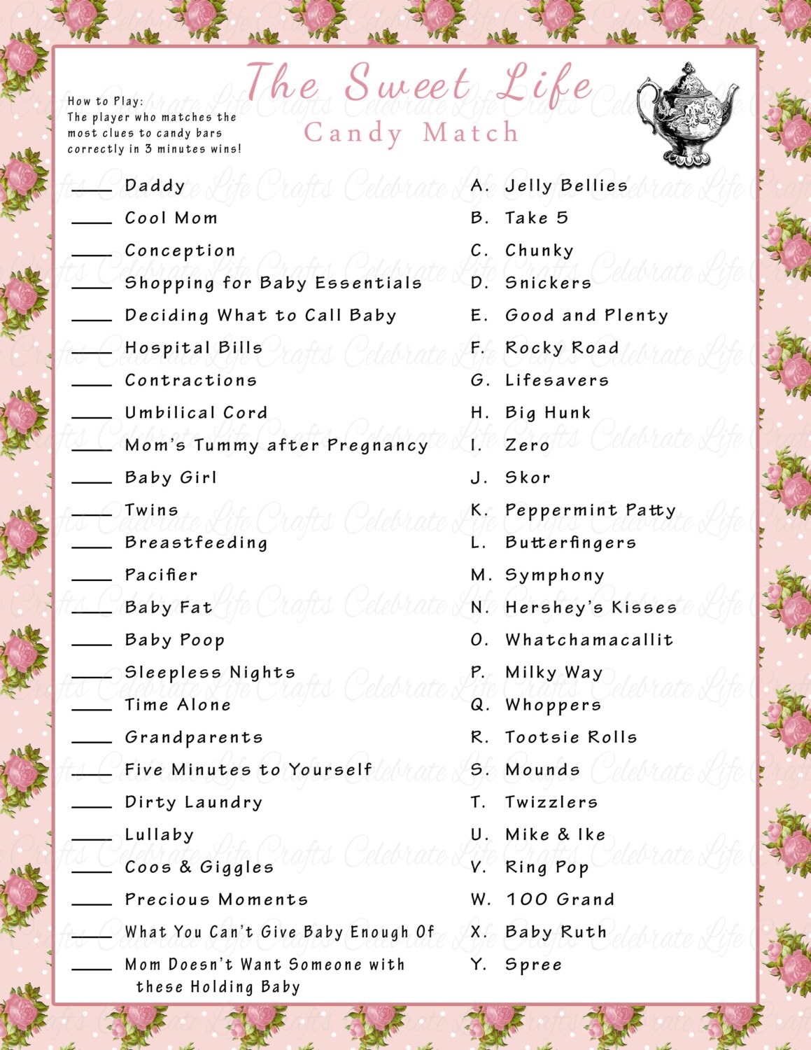 Baby Shower Sweet Life Candy Bar Match Game - Printable Baby Shower Games - Vintage Garden Tea Party Baby Girl G022 - Etsy baby-shower-sweet-life-candy-bar-match-game-printable-baby-shower-games-vintage-garden-tea-party-baby-girl-g022-etsy