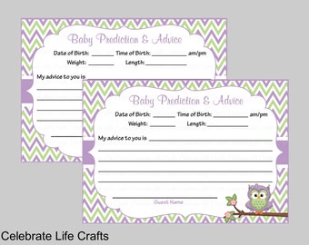 Owl Prediction and Advice Cards - Girl Baby Shower Keepsake Activity - Owl Baby Shower Theme - Green Purple Chevrons B2005