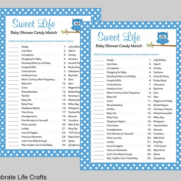 Sweet Life Baby Shower Game with Answer Key - Printable Candy Bar Match Baby Shower Games - Blue Polka Dots Owl Baby Theme B2011