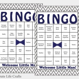 60 Little Man Baby Shower Bingo Cards 60 Prefilled Bingo Cards Boy Baby Shower Game Navy Gray Printable Download B1006 image 1
