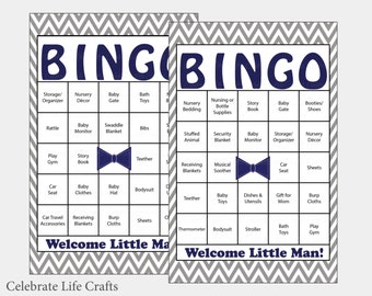 60 Little Man Baby Shower Bingo Cards -  60 Prefilled Bingo Cards - Boy Baby Shower Game - Navy Gray - Printable Download - B1006