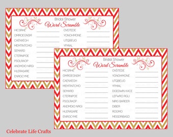 Word Scramble Bridal Shower Game - Bridal Shower Word Scramble Game - Instant Download - Red Gold Chevron Bridal Games BR007