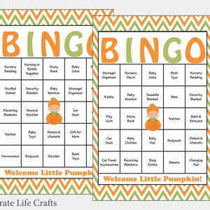 30 Little Pumpkin Baby Shower Bingo Cards 30 Prefilled Bingo Cards Boy Baby Shower Game Green Orange Printable Download B21001 image 1