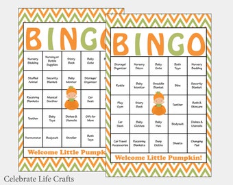 100 Little Pumpkin Baby Shower Bingo Cards -  Prefilled Bingo Cards - Boy Baby Shower Game - Green Orange - Printable Download - B21001