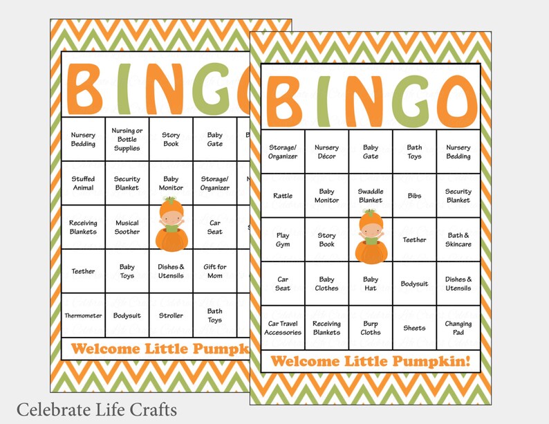 30 Little Pumpkin Baby Shower Bingo Cards 30 Prefilled Bingo Cards Boy Baby Shower Game Green Orange Printable Download B21001 image 1