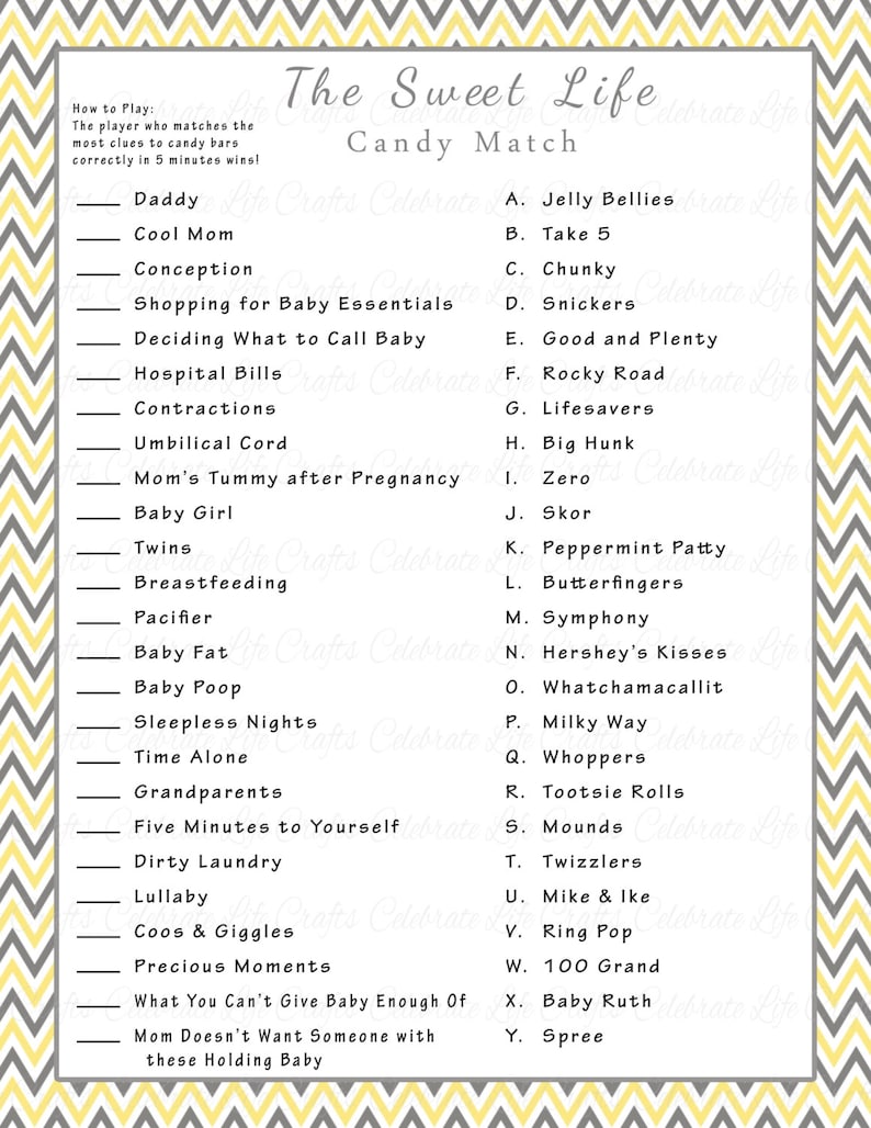 Little one Shower Cute Existence Sweet Bar Recreation Sport - Printable Kid Shower Online games - Yellow Grey Chevron Kid - Gender Impartial NC001 picture regarding Baby Shower Candy Bar Game Printable identify Boy or girl Shower Lovable Existence Sweet Bar Video game Match - Printable Boy or girl Shower Online games - Yellow Grey Chevron Youngster - Gender Impartial NC001