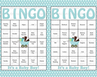 60 Baby Shower Bingo Cards -  Baby Boy Gift Carriage - Printable Party Boy - Instant Download - Baby Blue Polka Dots B058