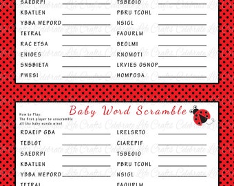 Baby Shower Word Scramble Game - Printable Baby Shower Games - Red Black Polka Ladybug Theme Baby Girl - G003  - Answer Key Included