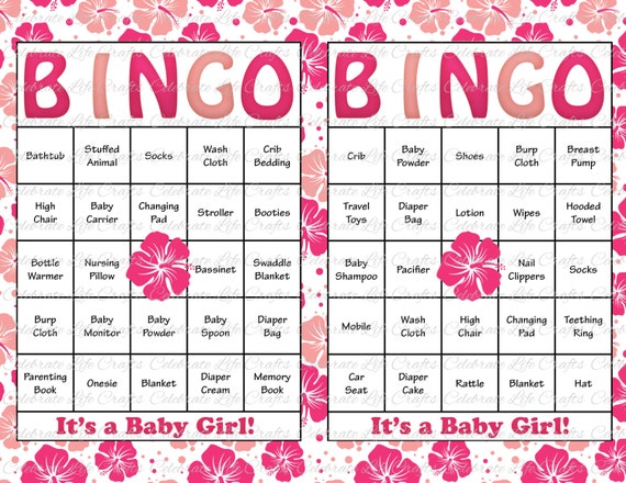 100 baby shower bingo cards printable party baby girl instant download pink hawaiian hibiscus luau baby bingo g029 by celebrate life crafts catch my party