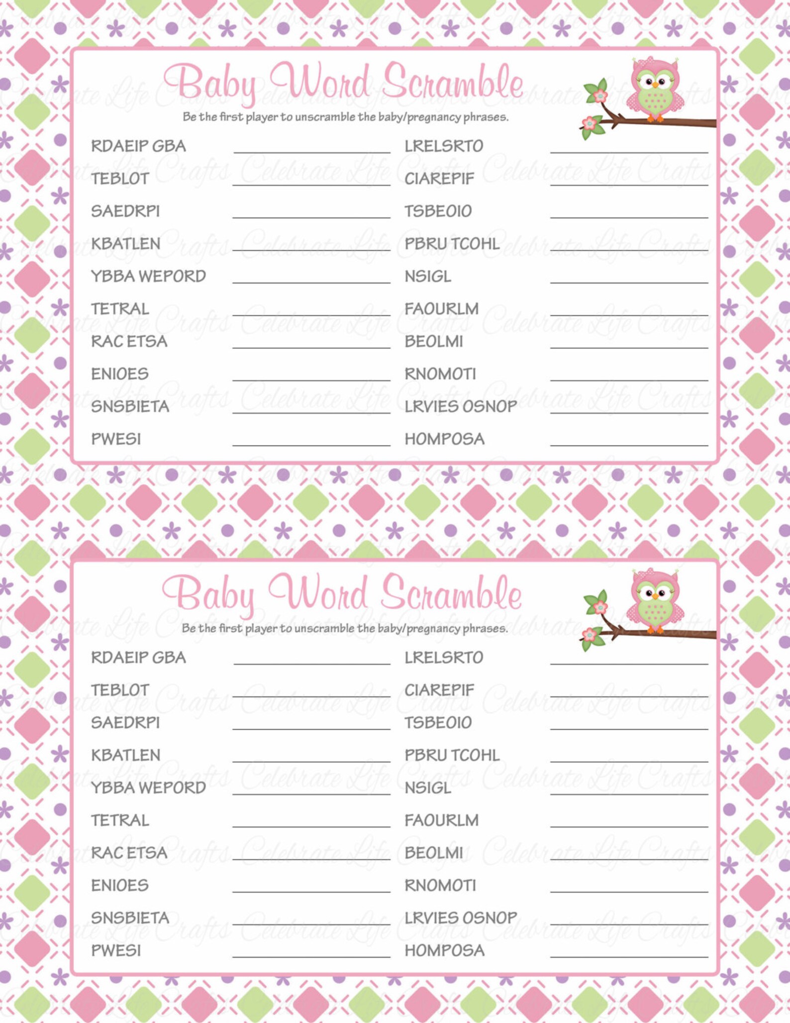 baby shower word scramble game answer key printable etsy