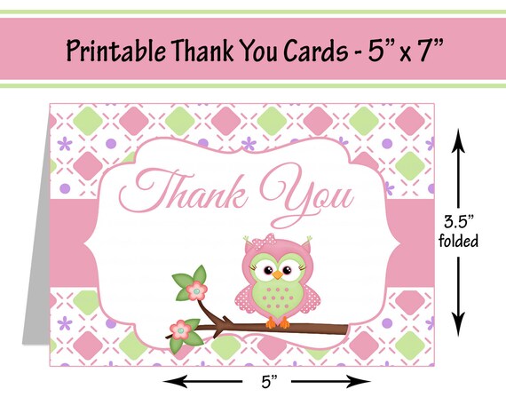 Printable Baby Shower Thank You Cards - Folding Cards - Pink Green Owl Baby Shower for Baby Girl - G012 Il_570xn