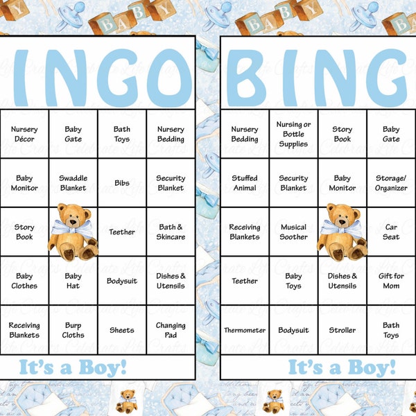 30 Teddy Bear Baby Shower Bingo Cards - 30 Different Prefilled Bingo Cards - Boy Baby Shower Game - Baby Blue Teddy Bear Download - B32002