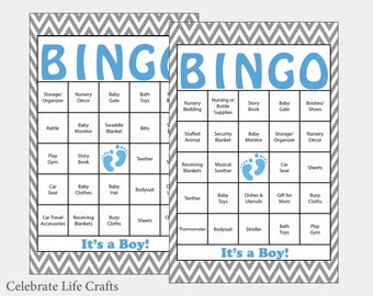 100 Baby Feet Baby Shower Bingo Cards - 100 Prefilled Bingo Cards - Boy Baby Shower Game - Blue Gray Baby Feet Download - B17005