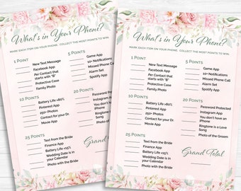 What's In Your Phone Bridal Shower Game | Blush Bridal Shower Games | Pink Watercolor Flowers Wedding Game | Printable Download BR1007
