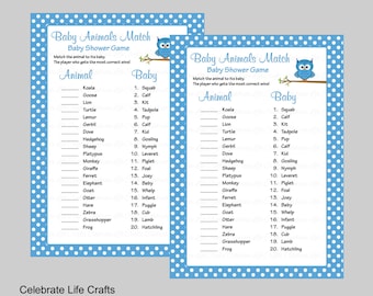 Baby Animals Match Game with Answer Key - Printable Baby Shower Game - Baby Boy Owl Baby Shower Theme - Blue Polka Dots B2011