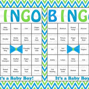 30 Little Man Baby Shower Bingo Cards Bowtie Theme Printable Party Boy Instant Download Blue Green Chevron B048 image 2