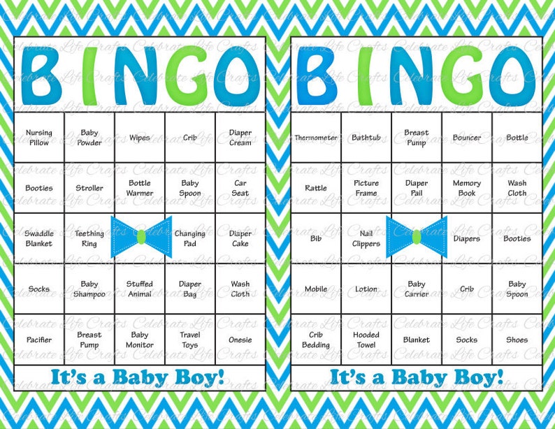 30 Little Man Baby Shower Bingo Cards Bowtie Theme Printable Party Boy Instant Download Blue Green Chevron B048 image 2