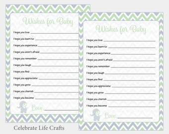 Elephant Baby Shower Wishes for Baby Cards - Printable Baby Shower Games - Green Elephant Baby Shower Activity - PDF Download B3006