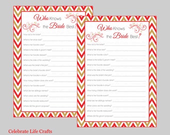 Who Knows the Bride Best Bridal Shower Game - How Well Do You Know the Bride Game - Instant Download - Red Gold Chevron Bridal Games BR007