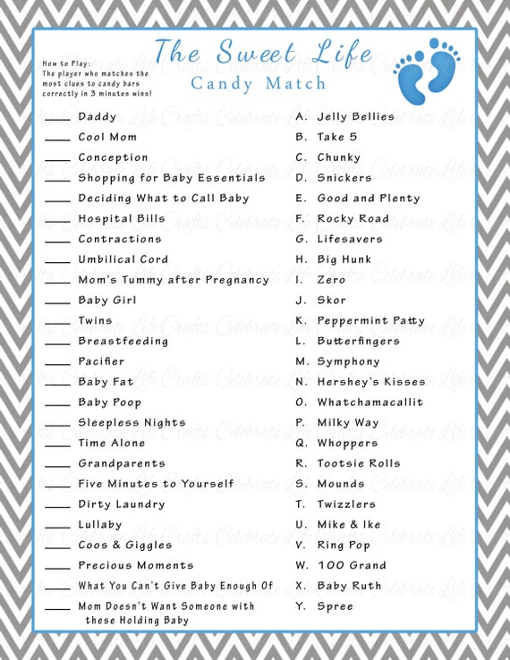 Baby Shower Sweet Life Candy Bar Match Game Diy Printable Etsy