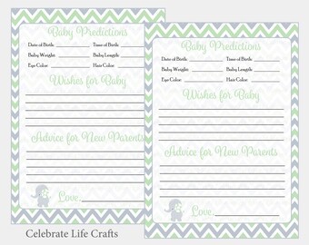 Baby Predictions and Advice Cards for Baby Shower - Printable Baby Shower Game - Green Elephant Baby Shower Activity - PDF Download B3006