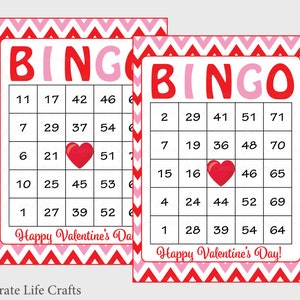 60 Valentines Bingo Cards Printable Valentine Bingo Cards Instant Download Valentine's Day Game for kids Pink Red Chevrons V1003 image 1