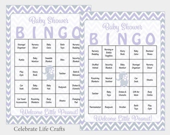 100 Elephant Baby Shower Bingo Cards -  100 Printable Bingo Cards - Girl Baby Shower Game - Purple Elephant Theme - Instant Download - B3007