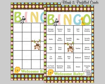 60 Safari Baby Shower Bingo Cards - Prefilled Bingo Cards - Boy Girl Baby Shower Game - Jungle Polka Dots - Download - B5001