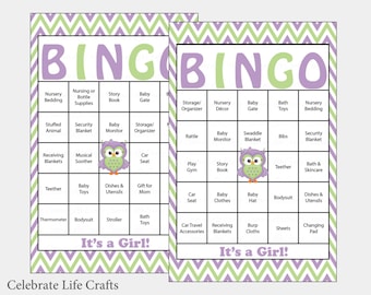 60 Owl Baby Shower Bingo Cards -  60 Prefilled Bingo Cards - Girl Baby Shower Game - Purple Green - Printable Download - B2005