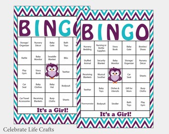 100 Owl Baby Shower Bingo Cards - 100 Prefilled Bingo Cards - Girl Baby Shower Game - Purple Teal Chevron - Download - B2007