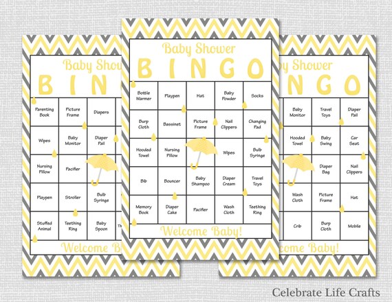 Printable Baby Shower Bingo Card Editable PDF Yellow Elephant Baby Shower Bingo Yellow Chevron Baby Shower