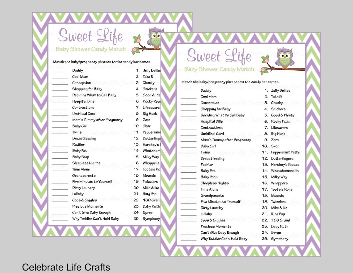 Sweet Life Baby Shower Game With Answer Key Printable Candy Etsy Finland