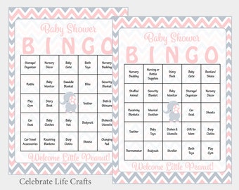 60 Elephant Baby Shower Bingo Cards -  60 Printable Bingo Cards - Girl Baby Shower Game - Pink Elephant Theme - Instant Download - B3001