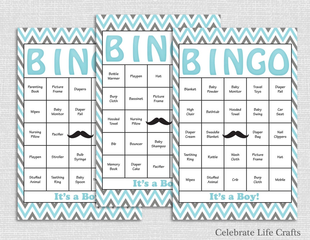 24 Count Baby Bingo Cards - Little Mustache Blue Chevron Design
