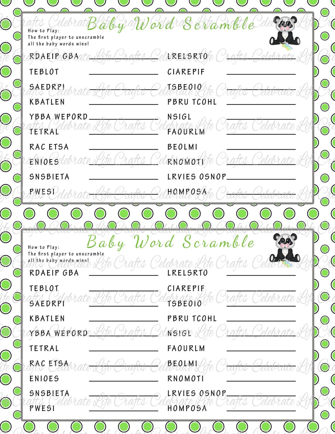 Baby Shower Word Scramble Game Printable Baby Shower Games Lime Panda ...