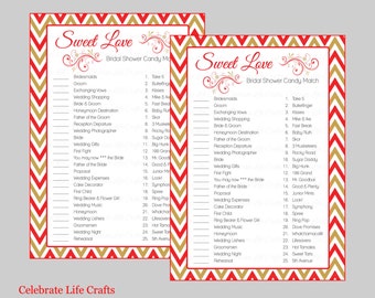 Sweet Love douche nuptiale - Bar à bonbons Bridal Shower Match jeu - téléchargement immédiat - Chevron or rouge jeux mariée BR007