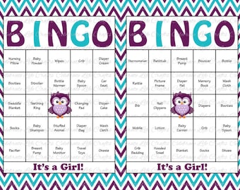 30 Baby Shower Bingo Cards - Printable Party Baby Girl - Instant Download - Purple and Teal Chevron Owl Baby Shower Gift Bingo G071