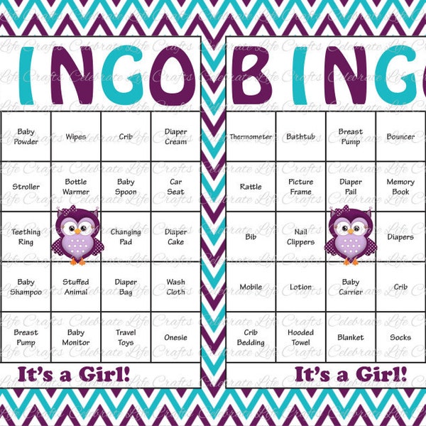 30 Baby Shower Bingo Cards - Printable Party Baby Girl - Instant Download - Purple and Teal Chevron Owl Baby Shower Gift Bingo G071