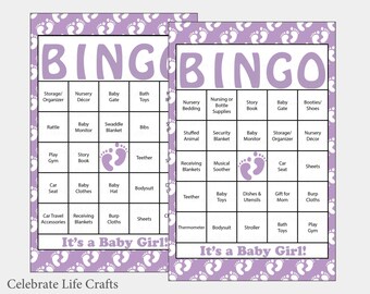 100 Baby Feet Baby Shower Bingo Cards - 100 Prefilled Bingo Cards - Girl Baby Shower Game - Lavender Baby Feet Download - B17003