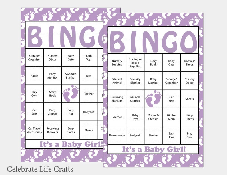 100 Baby Feet Baby Shower Bingo Cards 100 Prefilled Bingo Cards Girl Baby Shower Game Lavender Baby Feet Download B17003 image 1