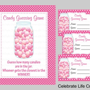Baby Dusche druckbare Spiel - Candy Jar oder Flasche erraten Spiel melden und Tags - Baby Girl - Pink Polka Dot Candy Jar Spiel - B2003