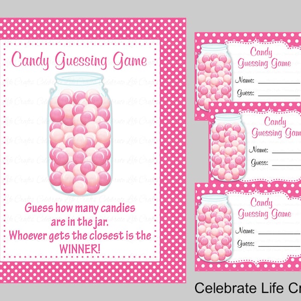 Baby Shower Printable Game - Candy Jar or Bottle Guessing Game Sign and Tags - Baby Girl - Pink Polka Dot Candy Jar Game - B2003