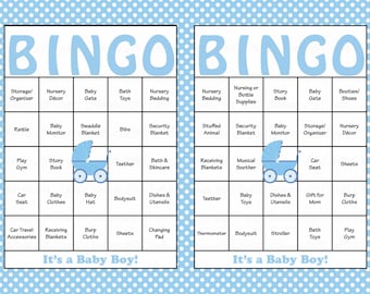 30 Baby Shower Bingo Cards -  Prefilled Bingo Cards - Boy Baby Shower Game - Baby Blue Polka Dots - B16001