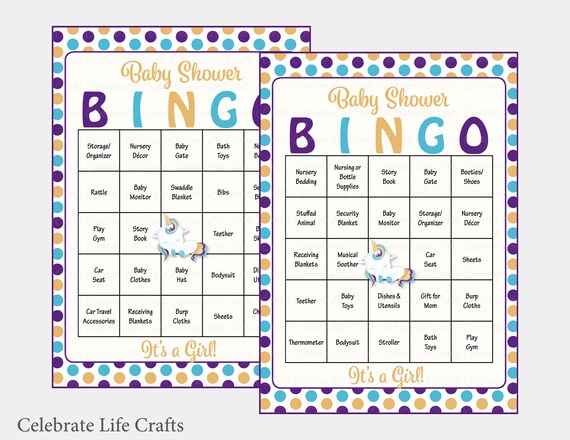 100 Unicorn Baby Bingo Cards - Purple Teal Unicorn Baby Shower Bingo Game - Prefilled Instant Download - Girl Baby Shower Games B37001 Il_570xn